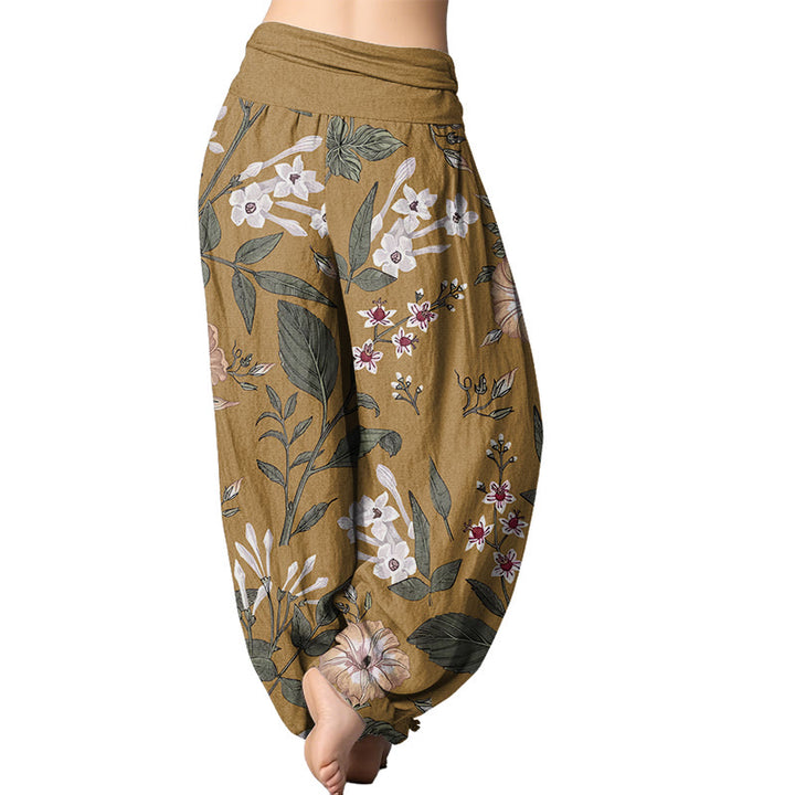 Haremshose für Damen mit elastischer Taille und Buddha Stones, Blumen- und Pflanzenmuster