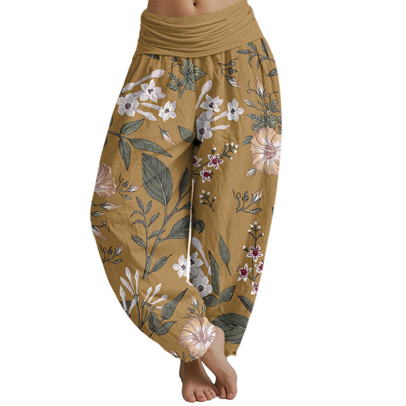 Haremshose für Damen mit elastischer Taille und Buddha Stones, Blumen- und Pflanzenmuster