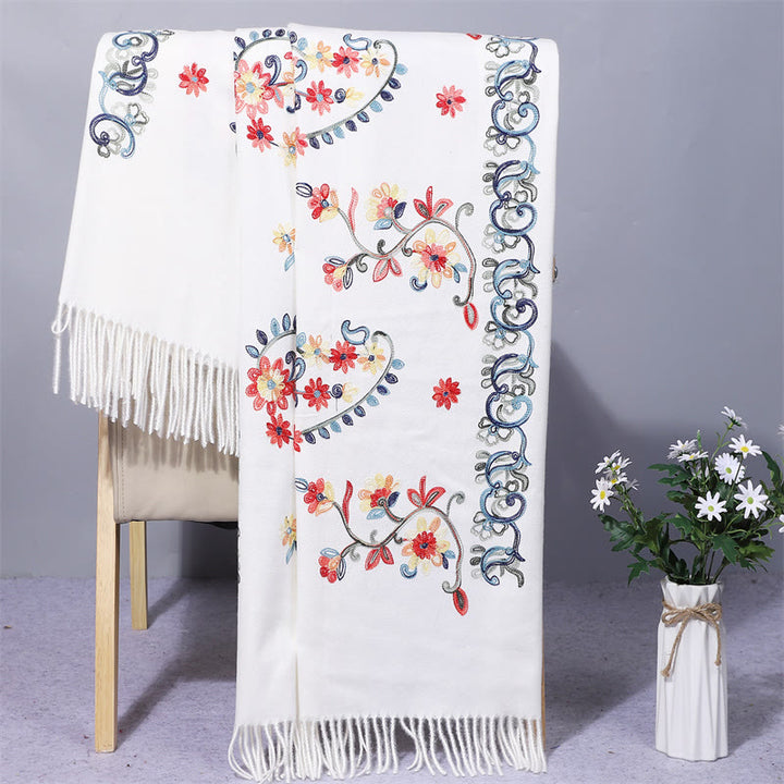 Buddha Stones , Polyester-Schal, bunte Blumen, Stickerei im ethnischen Stil, Quaste, gemütlicher Winter-Reiseschal - Weiß - 200 x 70 cm - image 3