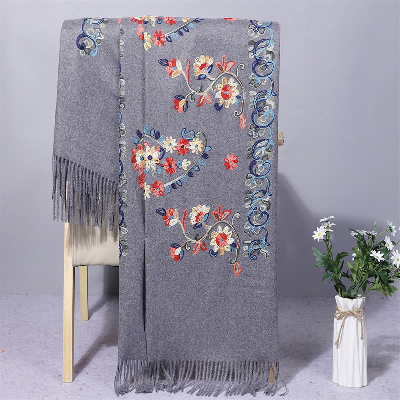 Buddha Stones , Polyester-Schal, bunte Blumen, Stickerei im ethnischen Stil, Quaste, gemütlicher Winter-Reiseschal - Schiefergrau - 200 x 70 cm - image 4