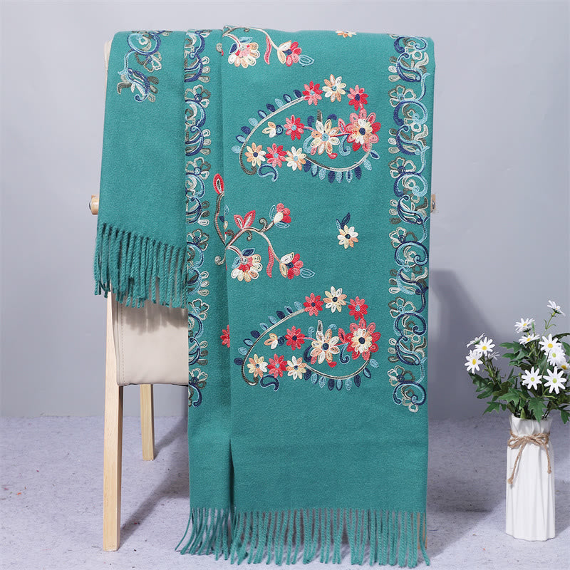 Buddha Stones , Polyester-Schal, bunte Blumen, Stickerei im ethnischen Stil, Quaste, gemütlicher Winter-Reiseschal - Dunkelcyan - 200 x 70 cm - image 9