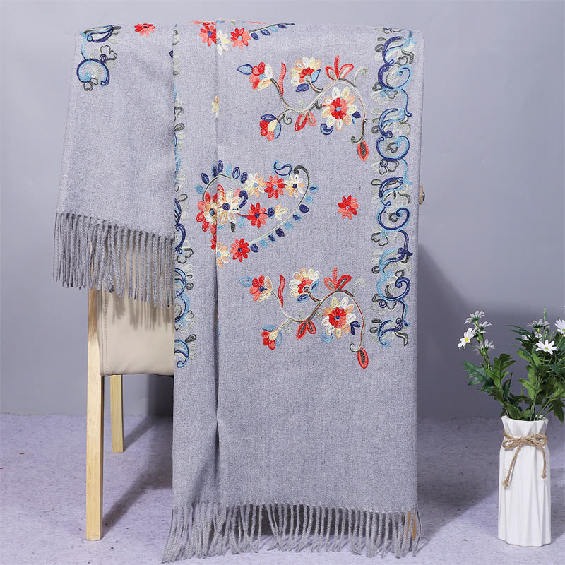 Buddha Stones , Polyester-Schal, bunte Blumen, Stickerei im ethnischen Stil, Quaste, gemütlicher Winter-Reiseschal - Hellgrau - 200 x 70 cm - image 7