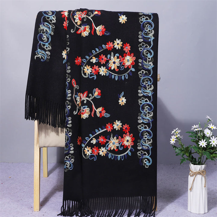 Buddha Stones , Polyester-Schal, bunte Blumen, Stickerei im ethnischen Stil, Quaste, gemütlicher Winter-Reiseschal - Schwarz - 200 x 70 cm - image 1