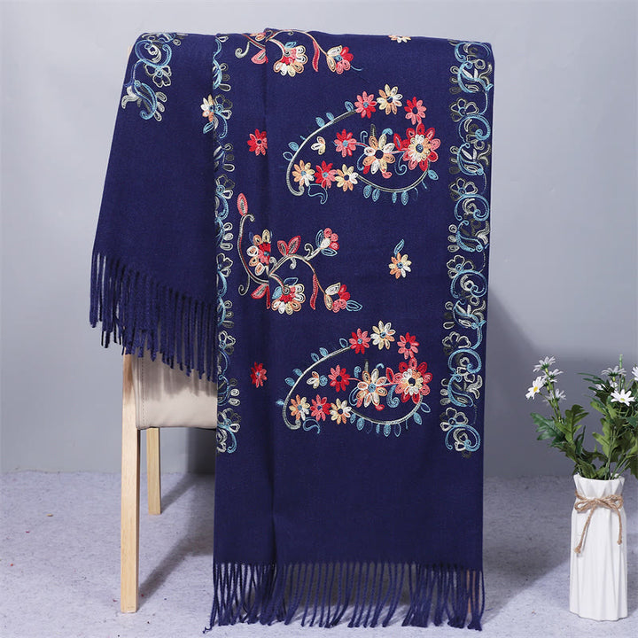 Buddha Stones , Polyester-Schal, bunte Blumen, Stickerei im ethnischen Stil, Quaste, gemütlicher Winter-Reiseschal - Mitternachtsblau - 200 x 70 cm - image 5