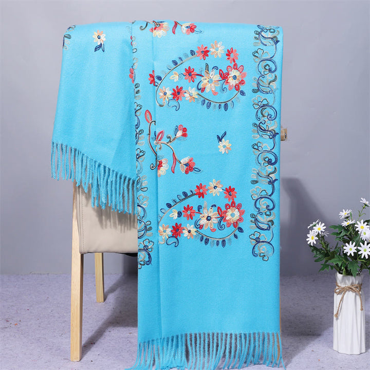 Buddha Stones , Polyester-Schal, bunte Blumen, Stickerei im ethnischen Stil, Quaste, gemütlicher Winter-Reiseschal - Hellblau - 200 x 70 cm - image 10