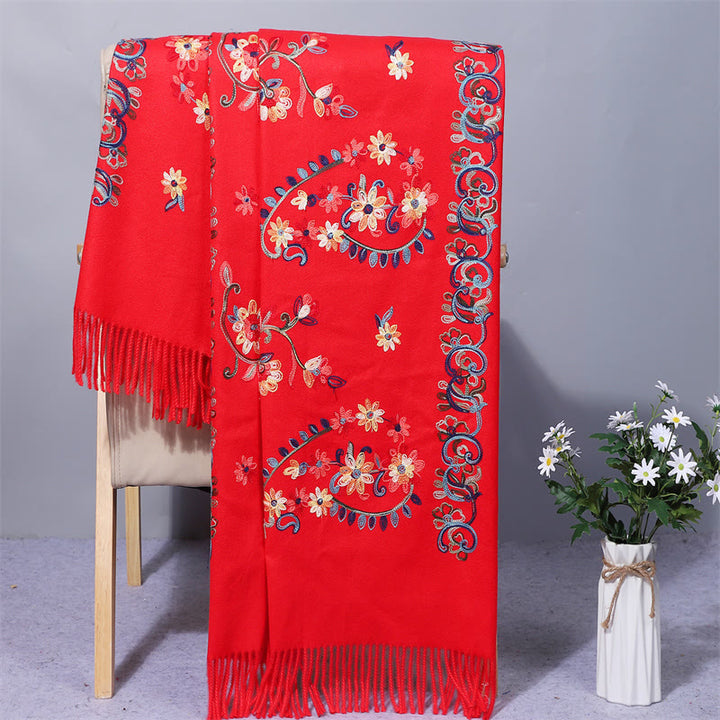 Buddha Stones , Polyester-Schal, bunte Blumen, Stickerei im ethnischen Stil, Quaste, gemütlicher Winter-Reiseschal - Rot - 200 x 70 cm - image 0