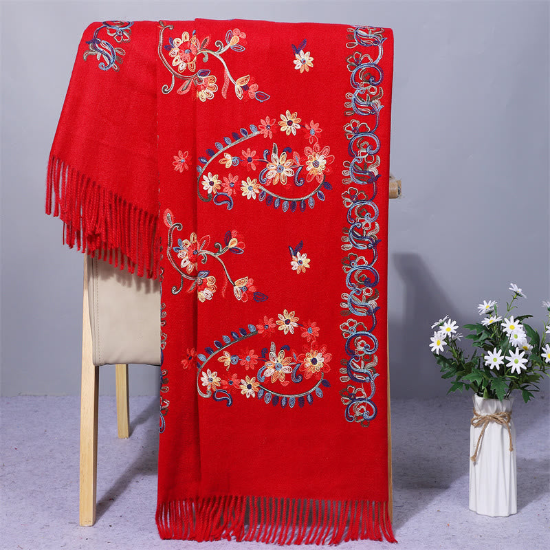 Buddha Stones , Polyester-Schal, bunte Blumen, Stickerei im ethnischen Stil, Quaste, gemütlicher Winter-Reiseschal - Purpurrot - 200 x 70 cm - image 2