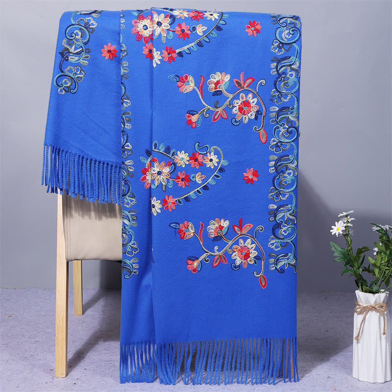 Buddha Stones , Polyester-Schal, bunte Blumen, Stickerei im ethnischen Stil, Quaste, gemütlicher Winter-Reiseschal - DodgerBlue - 200 x 70 cm - image 6