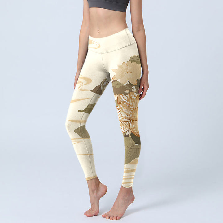 Buddha Stones Beige Lotusblumen-Druck Gym Fitness Leggings Damen Yogahose