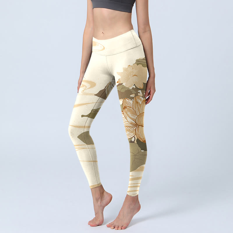 Buddha Stones Beige Lotusblumen-Druck Gym Fitness Leggings Damen Yogahose - Beige - US18, UK/AU22, EU50 (4XL) - image 0