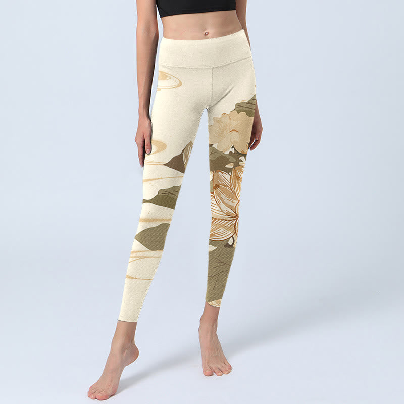 Buddha Stones Beige Lotusblumen-Druck Gym Fitness Leggings Damen Yogahose