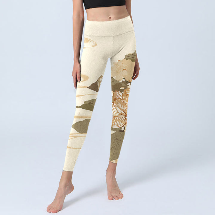 Buddha Stones Beige Lotusblumen-Druck Gym Fitness Leggings Damen Yogahose - image 5