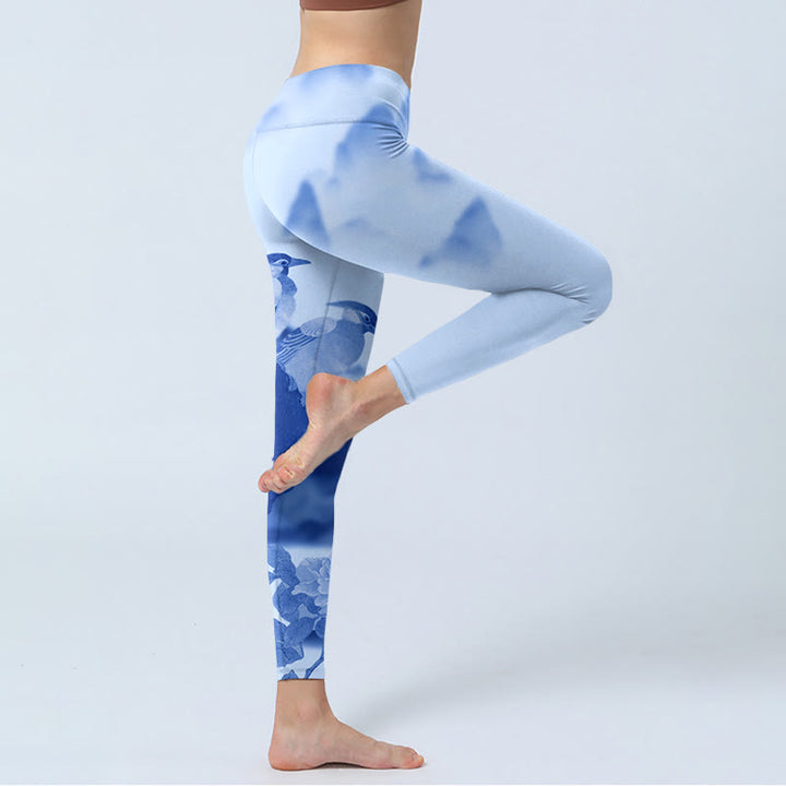 Buddha Stones Blue Bird Pfingstrose Print Sport Leggings Damen Yogahose