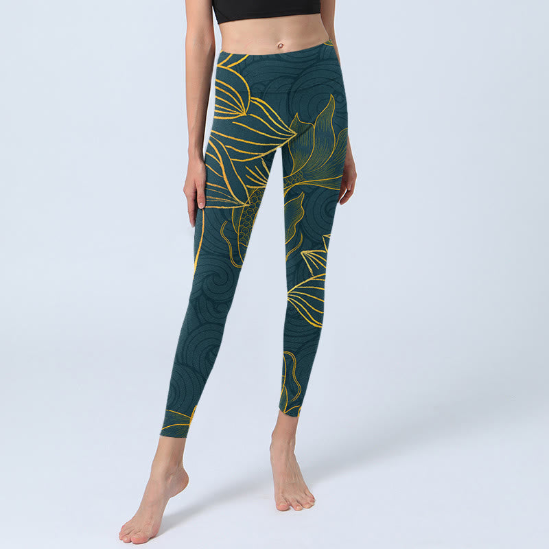 Buddha Stones Grau Golden Koi Fisch Lotus Print Gym Leggings Damen Yoga Hose