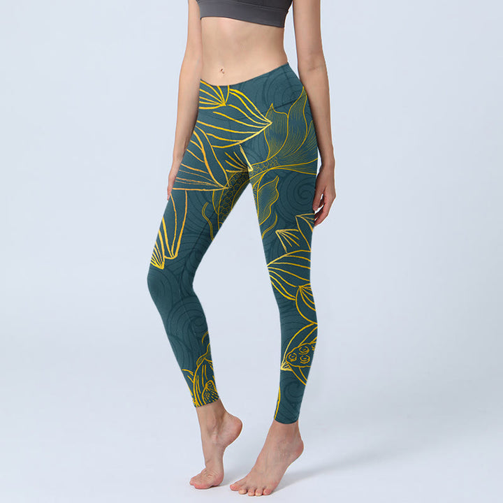 Buddha Stones Grau Golden Koi Fisch Lotus Print Gym Leggings Damen Yoga Hose