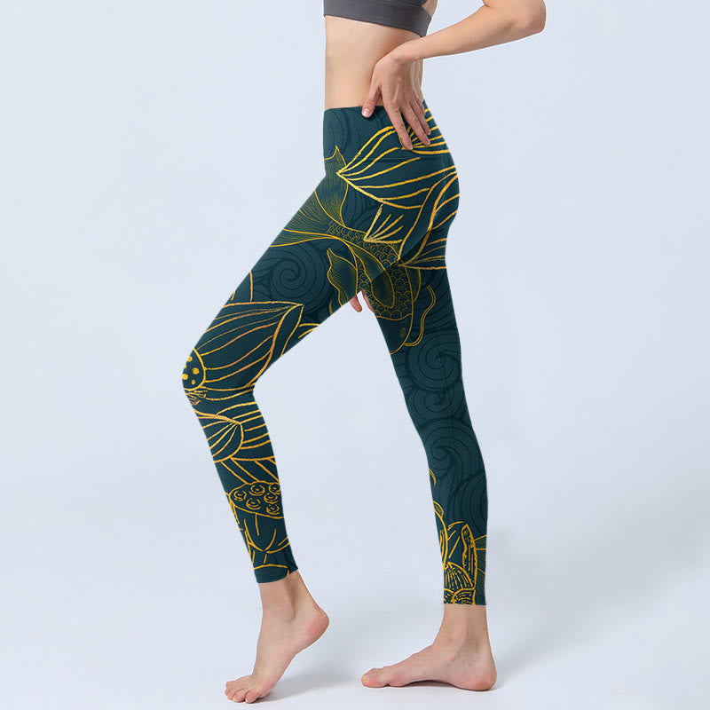 Buddha Stones Grau Golden Koi Fisch Lotus Print Gym Leggings Damen Yoga Hose