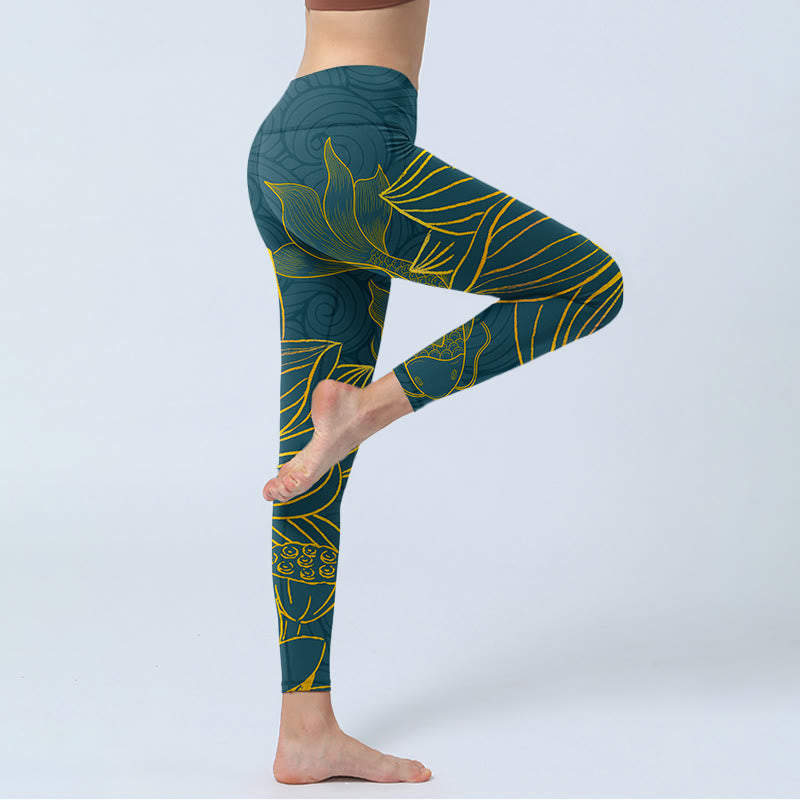 Buddha Stones Grau Golden Koi Fisch Lotus Print Gym Leggings Damen Yoga Hose - image 4