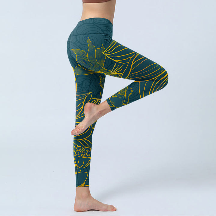 Buddha Stones Grau Golden Koi Fisch Lotus Print Gym Leggings Damen Yoga Hose