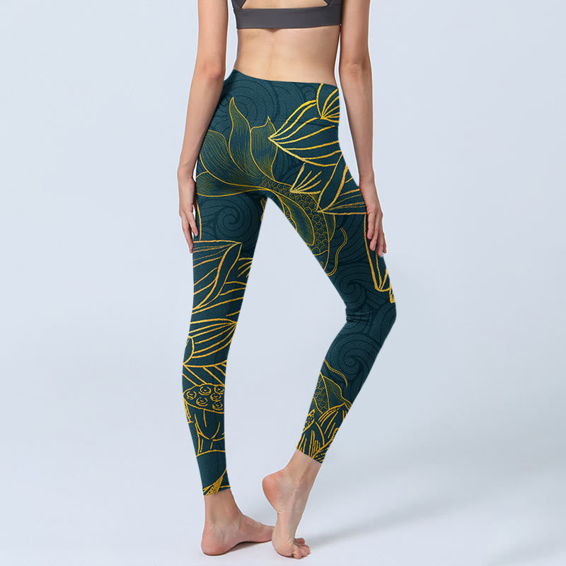 Buddha Stones Grau Golden Koi Fisch Lotus Print Gym Leggings Damen Yoga Hose