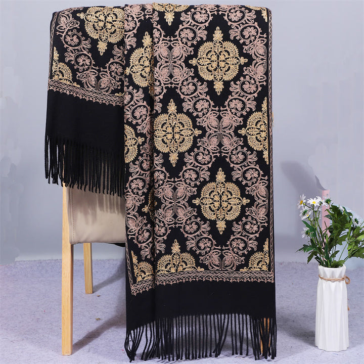 Buddha Stones , Polyester-Schal, Symmetrie, Gold, filigrane Stickerei, Quaste, Winter, gemütlicher Reiseschal - Schwarz - 200 x 70 cm - image 6