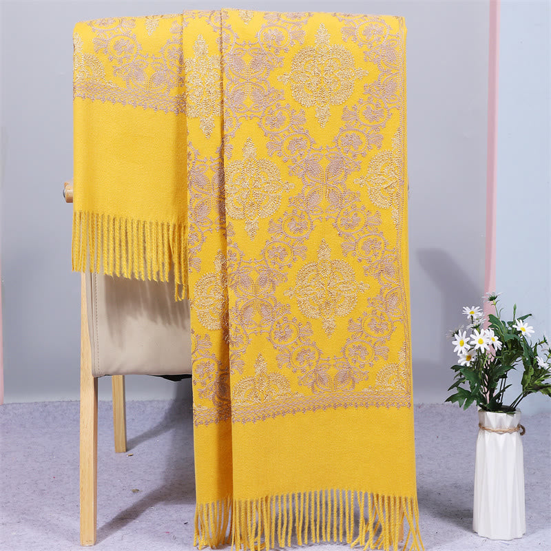 Buddha Stones , Polyester-Schal, Symmetrie, Gold, filigrane Stickerei, Quaste, Winter, gemütlicher Reiseschal - Gold - 200 x 70 cm - image 5