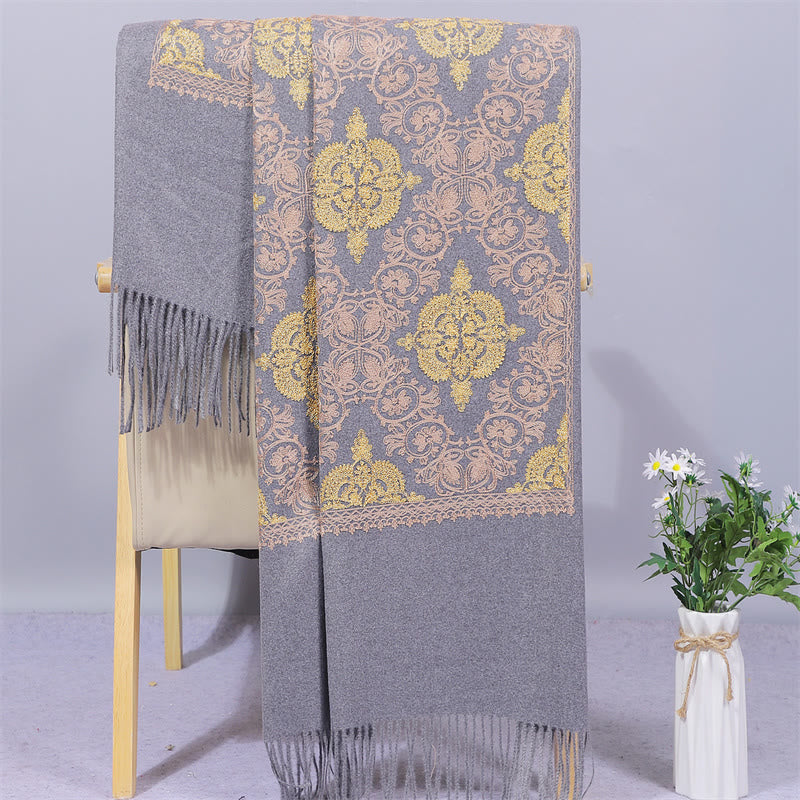 Buddha Stones , Polyester-Schal, Symmetrie, Gold, filigrane Stickerei, Quaste, Winter, gemütlicher Reiseschal - Dunkelgrau - 200 x 70 cm - image 1