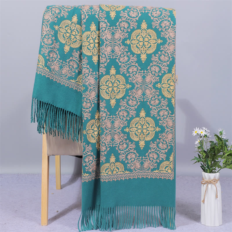 Buddha Stones , Polyester-Schal, Symmetrie, Gold, filigrane Stickerei, Quaste, Winter, gemütlicher Reiseschal - Dunkelcyan - 200 x 70 cm - image 0