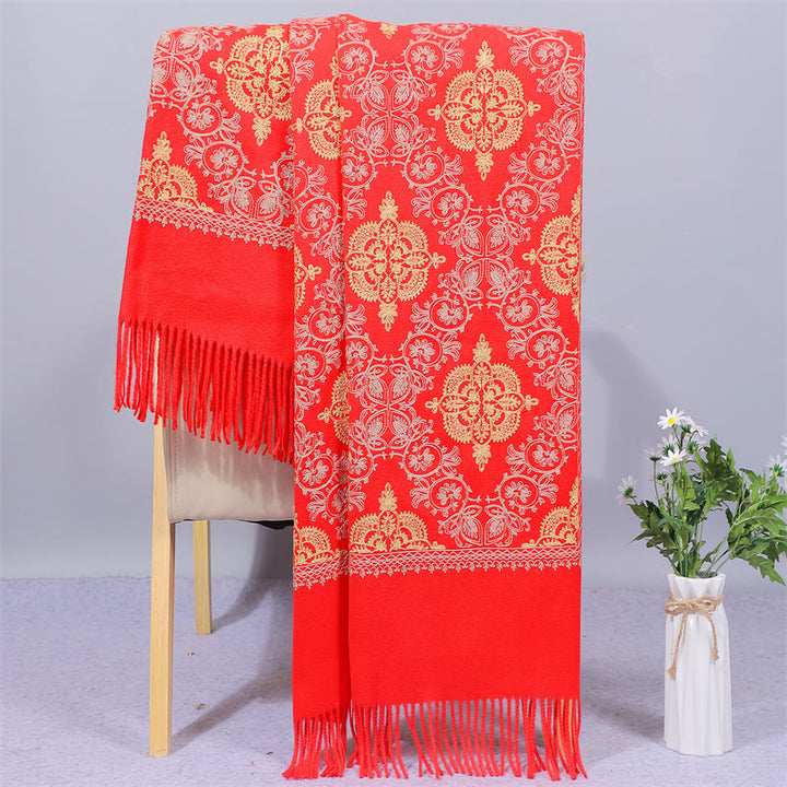 Buddha Stones , Polyester-Schal, Symmetrie, Gold, filigrane Stickerei, Quaste, Winter, gemütlicher Reiseschal - Rot - 200 x 70 cm - image 10