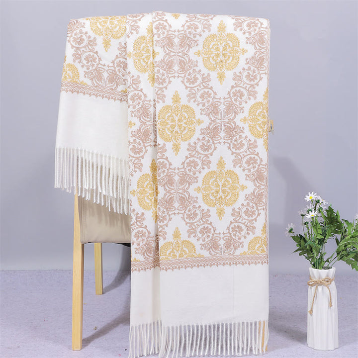 Buddha Stones , Polyester-Schal, Symmetrie, Gold, filigrane Stickerei, Quaste, Winter, gemütlicher Reiseschal - Weiß - 200 x 70 cm - image 3