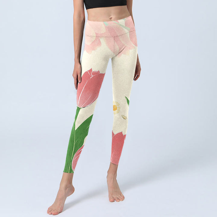 Buddha Stones Leggings mit rosa Tulpen-Blumen-Print für Fitnessstudio und Fitness, Yogahose für Damen