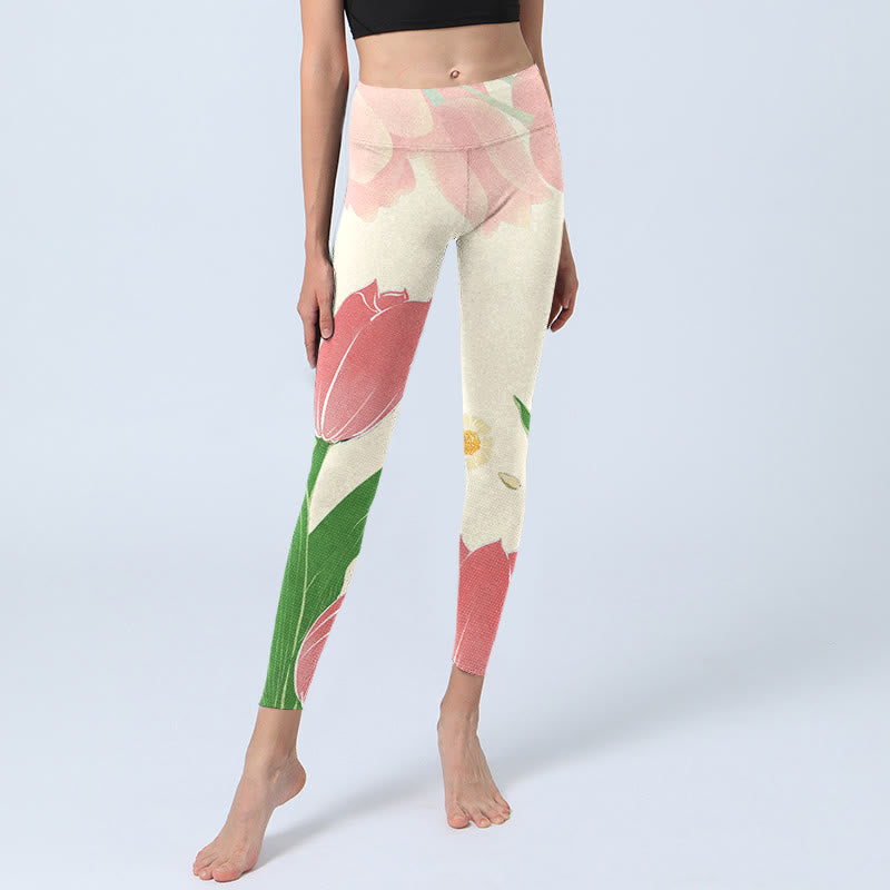 Buddha Stones Leggings mit rosa Tulpen-Blumen-Print für Fitnessstudio und Fitness, Yogahose für Damen - image 6