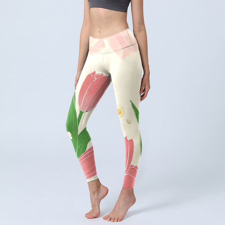 Buddha Stones Leggings mit rosa Tulpen-Blumen-Print für Fitnessstudio und Fitness, Yogahose für Damen