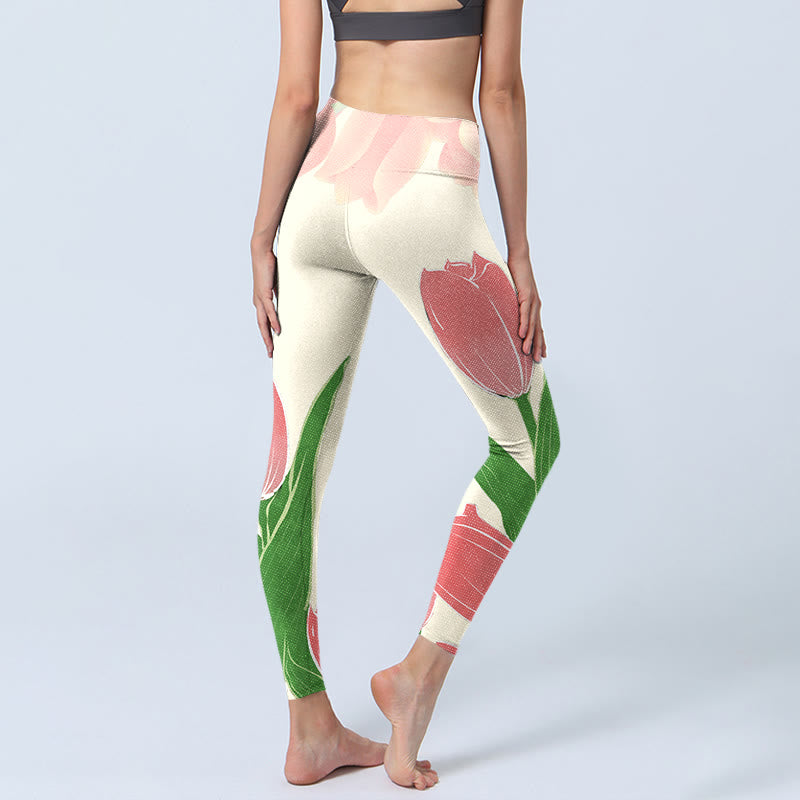 Buddha Stones Leggings mit rosa Tulpen-Blumen-Print für Fitnessstudio und Fitness, Yogahose für Damen