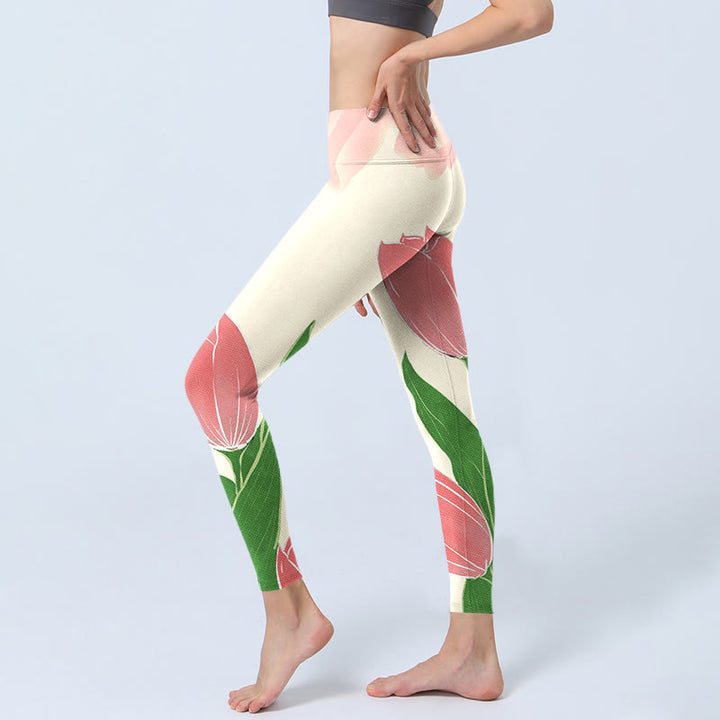 Buddha Stones Leggings mit rosa Tulpen-Blumen-Print für Fitnessstudio und Fitness, Yogahose für Damen