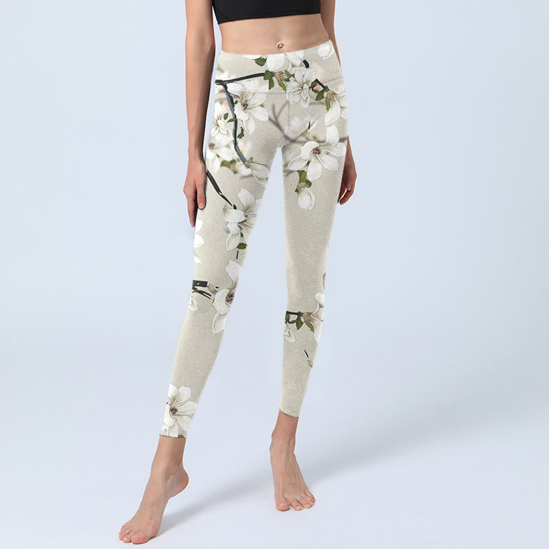 Buddha Stones Weiße Magnolien-Blumendruck-Sport-Fitness-Leggings für Damen, Yogahose