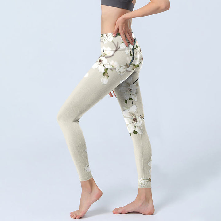 Buddha Stones Weiße Magnolien-Blumendruck-Sport-Fitness-Leggings für Damen, Yogahose