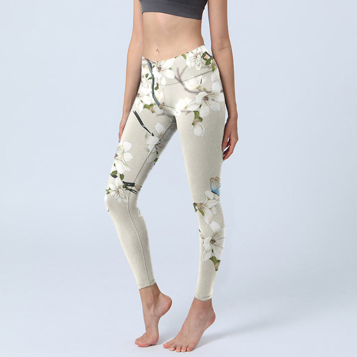 Buddha Stones Weiße Magnolien-Blumendruck-Sport-Fitness-Leggings für Damen, Yogahose