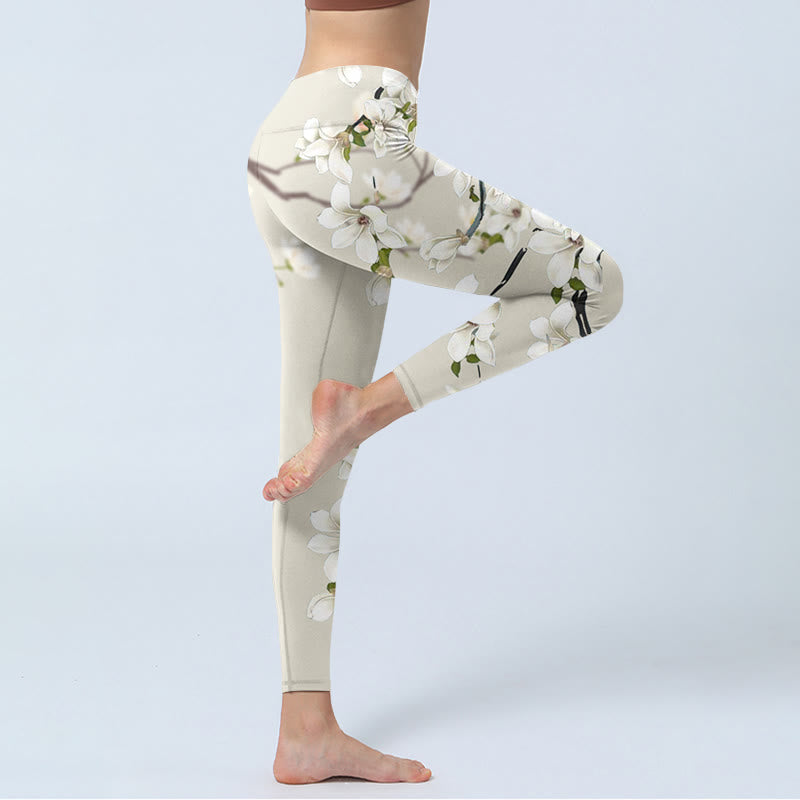 Buddha Stones Weiße Magnolien-Blumendruck-Sport-Fitness-Leggings für Damen, Yogahose