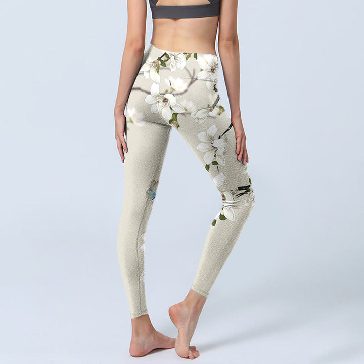 Buddha Stones Weiße Magnolien-Blumendruck-Sport-Fitness-Leggings für Damen, Yogahose