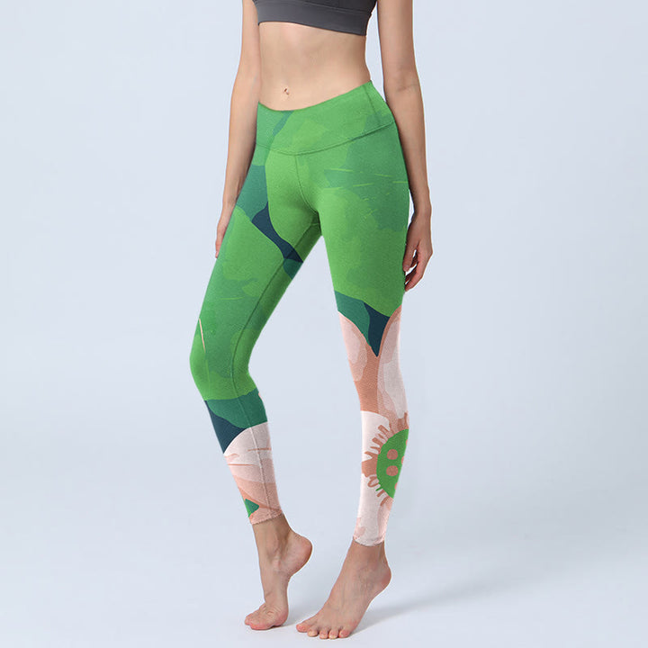 Buddha Stones Grüne Lotusblütenblatt-Druck Sport Fitness Leggings Damen Yogahose