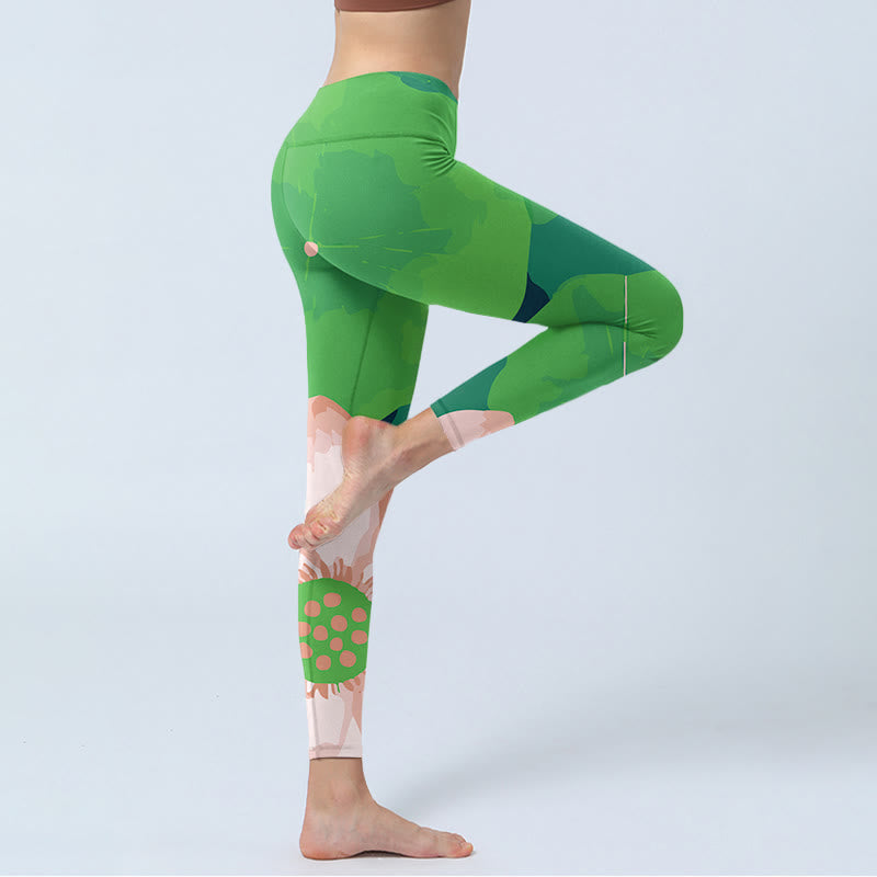 Buddha Stones Grüne Lotusblütenblatt-Druck Sport Fitness Leggings Damen Yogahose