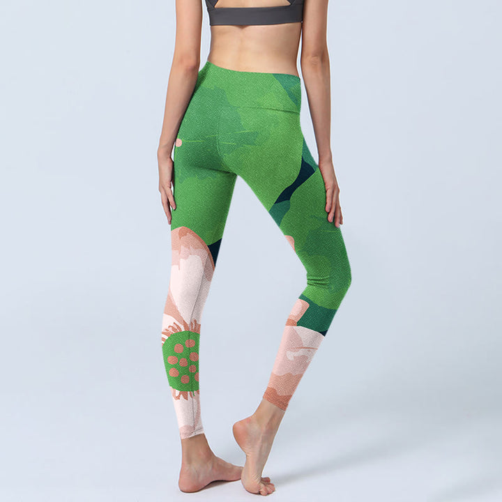 Buddha Stones Grüne Lotusblütenblatt-Druck Sport Fitness Leggings Damen Yogahose