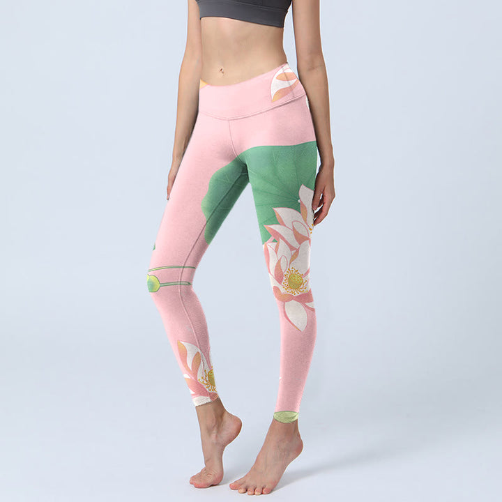 Buddha Stones Rosa Lotusblüte Blatt Druck Gym Fitness Leggings Damen Yogahose