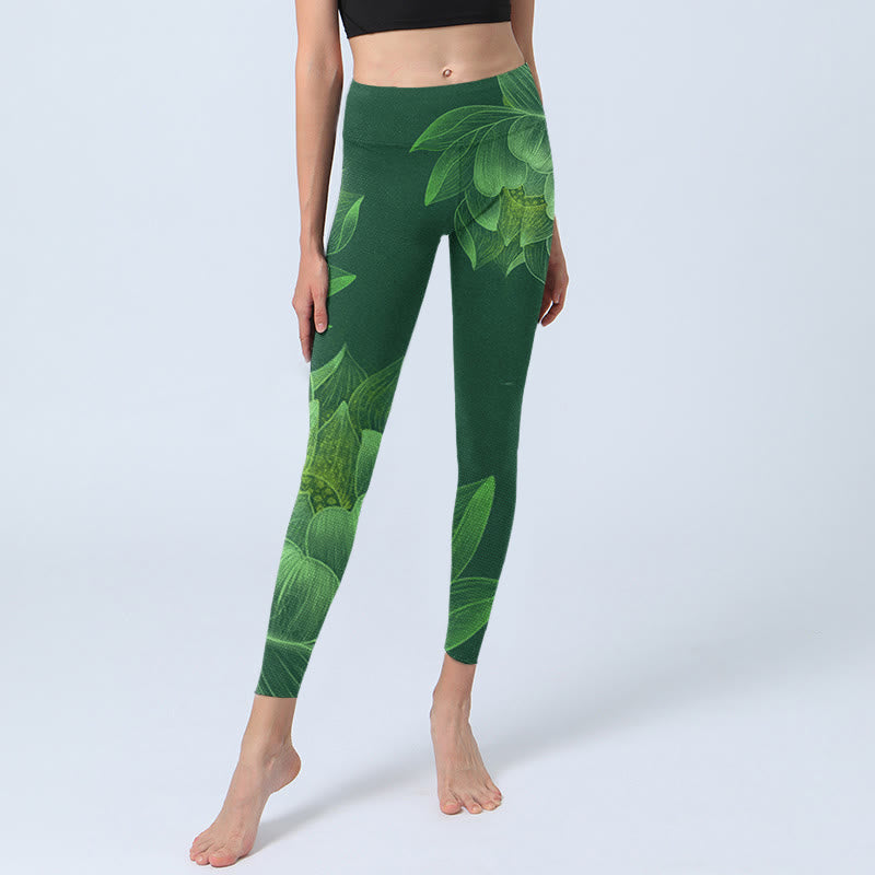 Buddha Stones Dunkelgrün Lotusblüte Blatt Druck Gym Fitness Leggings Damen Yoga Hose - image 6