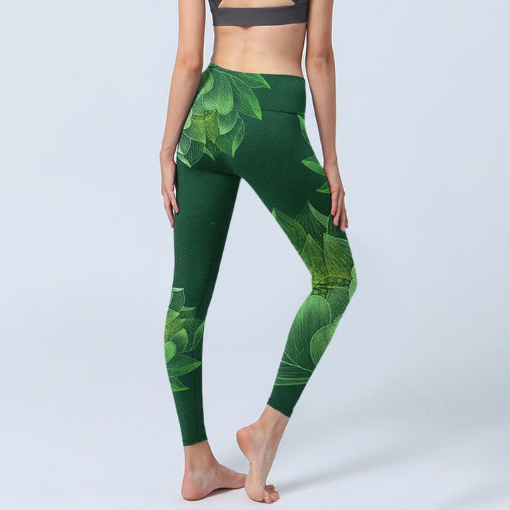 Buddha Stones Dunkelgrün Lotusblüte Blatt Druck Gym Fitness Leggings Damen Yoga Hose - image 5