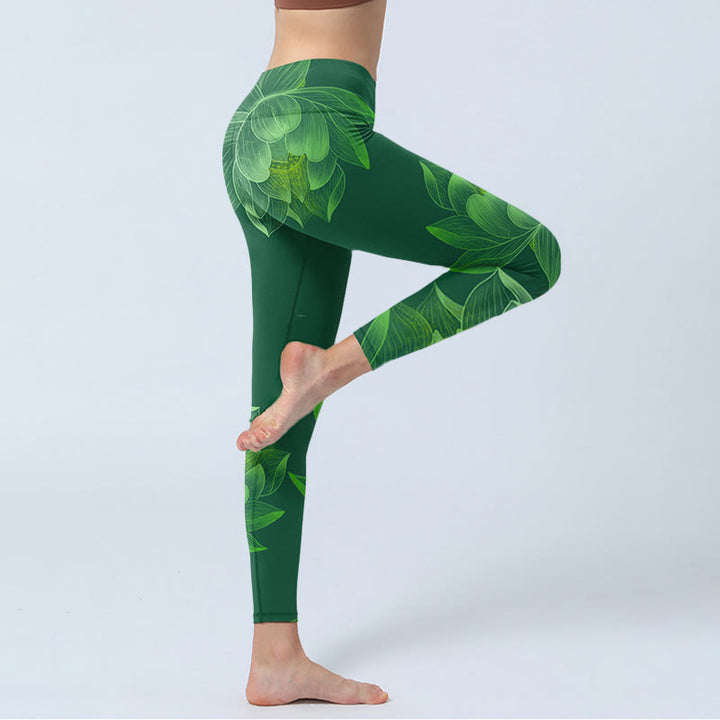 Buddha Stones Dunkelgrün Lotusblüte Blatt Druck Gym Fitness Leggings Damen Yoga Hose