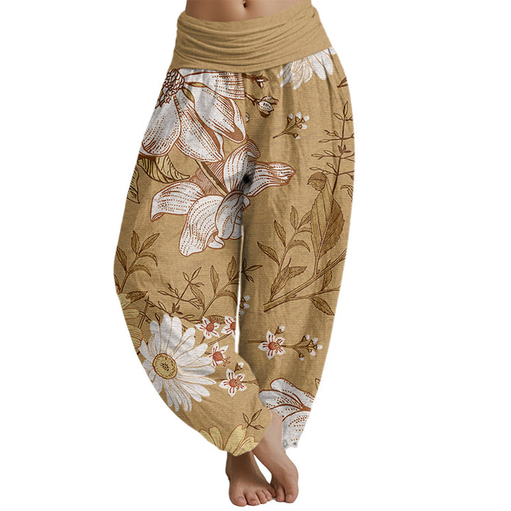 Buddha Stones Daisy Weiße Blumen Muster Damen Haremshose mit elastischer Taille