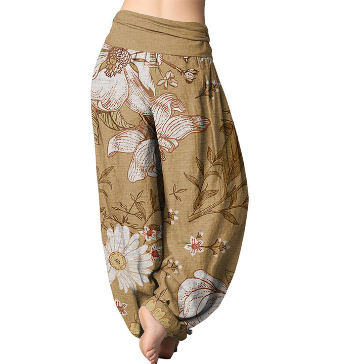 Buddha Stones Daisy Weiße Blumen Muster Damen Haremshose mit elastischer Taille