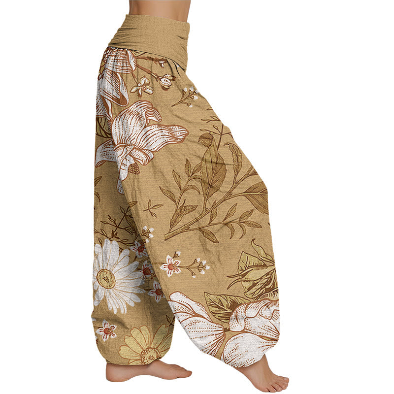 Buddha Stones Daisy Weiße Blumen Muster Damen Haremshose mit elastischer Taille