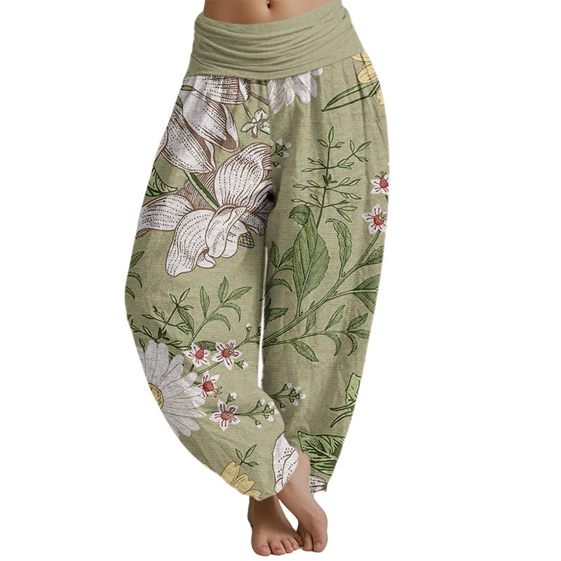 Buddha Stones Daisy Weiße Blumen Muster Damen Haremshose mit elastischer Taille